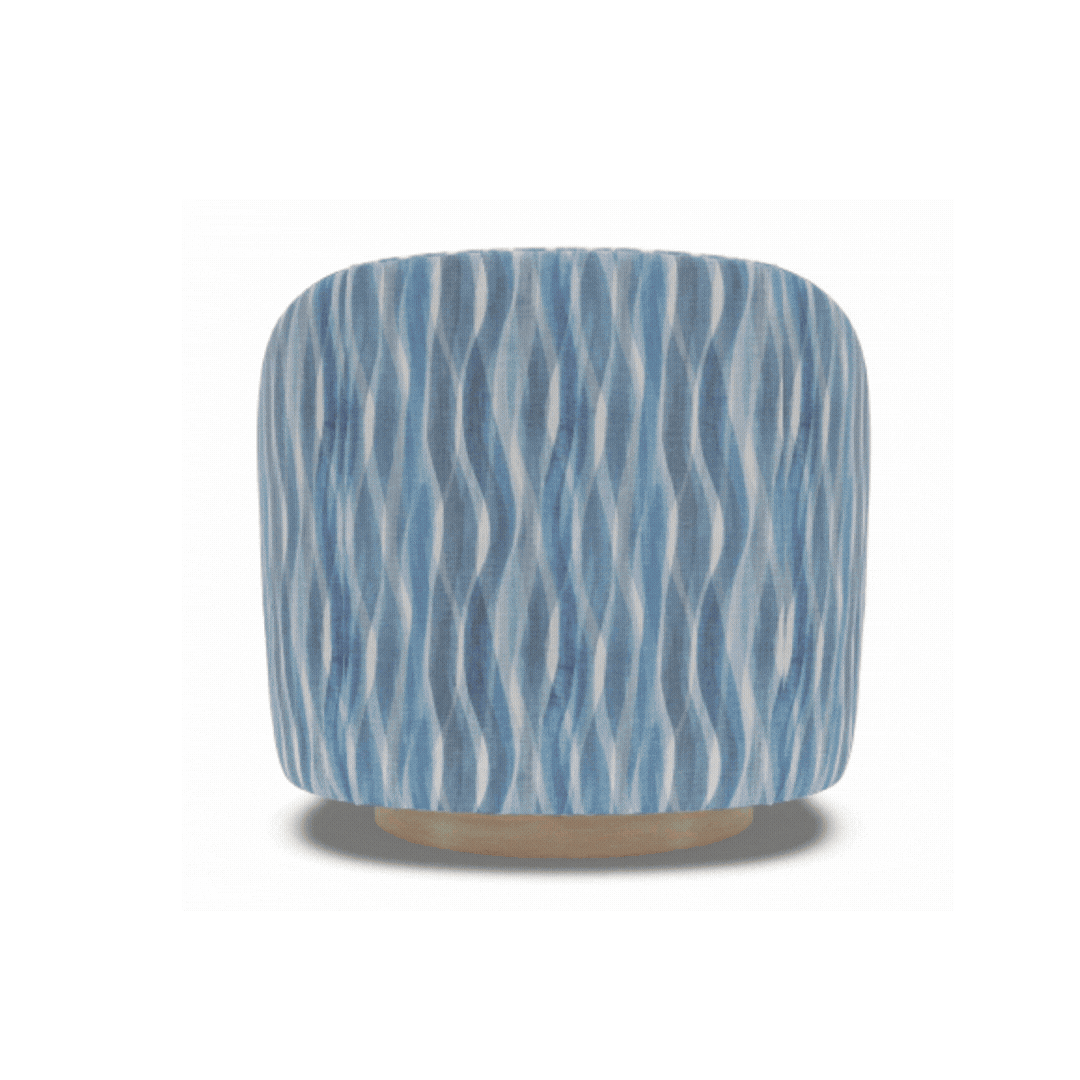 Custom chair in a blue wave-patterned fabric, shown from the back